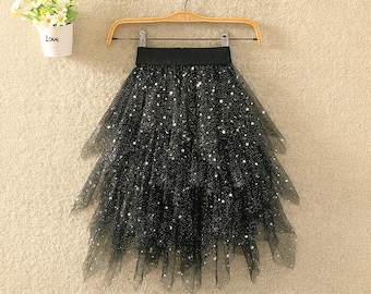 Sequin Star Fairy Tulle Midi Skirt,Spring Autumn Party Skirt,Elastic High Waist Tulle Skirt child ,Pleated tulle midi skirt,Party  clothing.