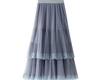 Retro lace ruffle layered mesh skirt Autumn Winter,Pleated Splicing High waist midi maxi skirt,Bohemian tulle Skirt,Bridesmaid skirt.