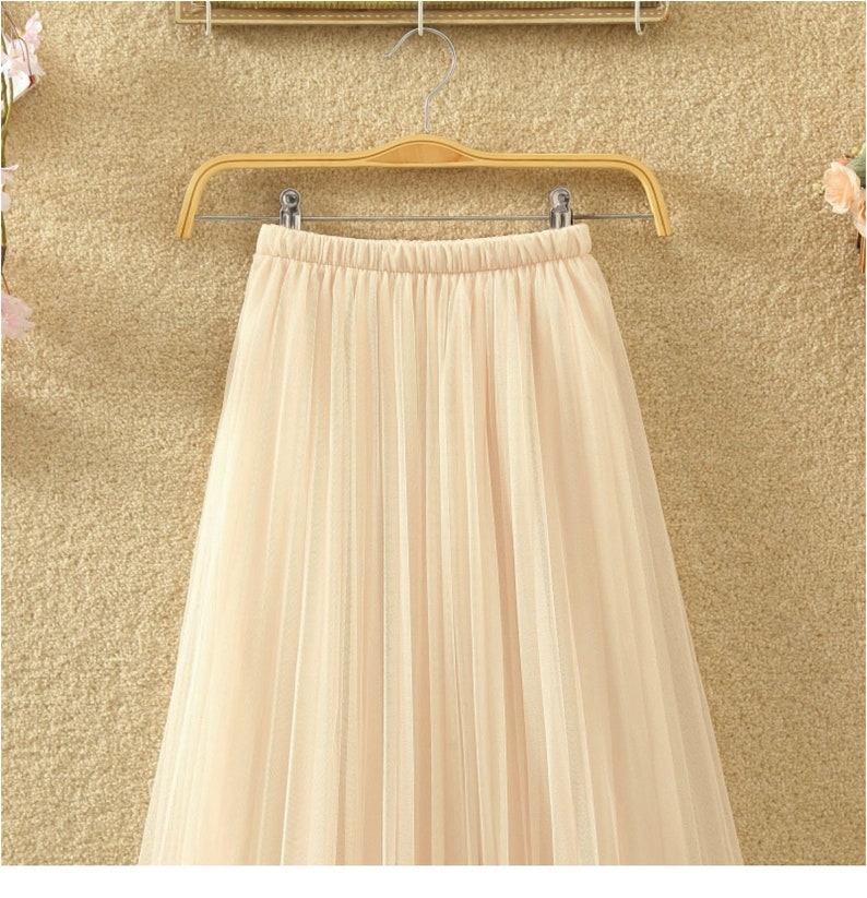 Romantic layered tulle midi skirt,Casual pleated splicing tulle skirt,Women skirt elastic waist pleated maxi skirt. image 8