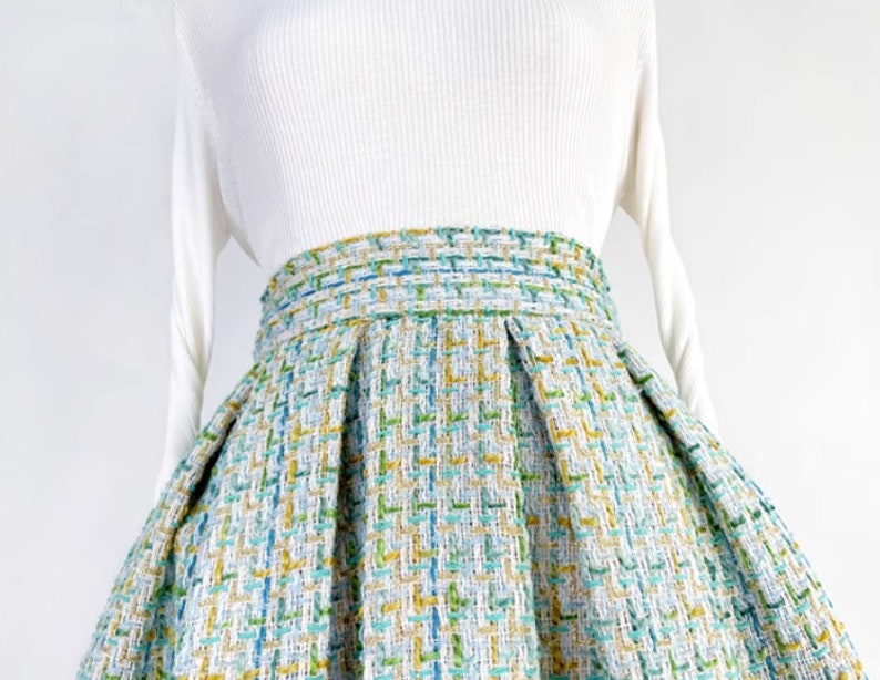 Elegant green tweed skirt,Autumn winter swing skirt,Hepburn style Green umbrella skirt,Pocket skirt,Custom skirt. image 4