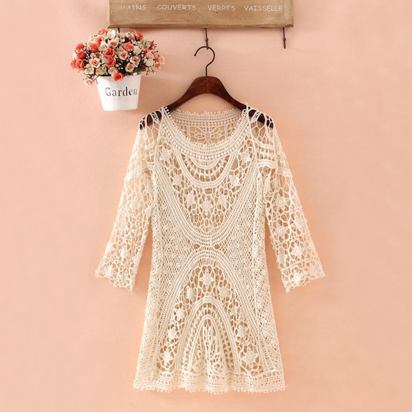 Ladies breathable light weight beach cover ups,Summer Long sleeve flora Lace dress,Handmade crochet long dress,Beach sun protection clothing