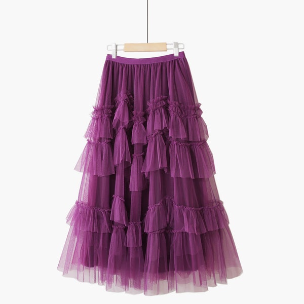 Autumn Elastic High waist Puff Tulle skirt,Irregular Pleated Splicing Ruffled lace mesh Skirt,Fairy Large swing Full Skirt,Witch skirt