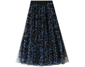 Geometric pattern mesh skirt, Stylish mid-length A-line stretch high-waist pleated tulle skirt, Three-layer versatile school skirt.