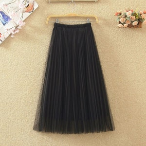 Romantic layered tulle midi skirt,Casual pleated splicing tulle skirt,Women skirt elastic waist pleated maxi skirt. Black