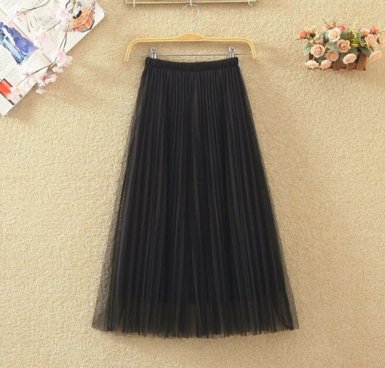 Romantic layered tulle midi skirt,Casual pleated splicing tulle skirt,Women skirt elastic waist pleated maxi skirt. Black