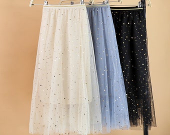 Sequin Star Embellished Tulle Midi Skirt,Fashion Party Skirt,Elastic High Waist Tulle Skirt Women,Fairy tulle skirt women,Gift for her.