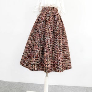 Tweed skirt lady,Mid-length high-waisted zip skirt,Autumn winter swing skirt,Pocket skirt,Custom skirt.