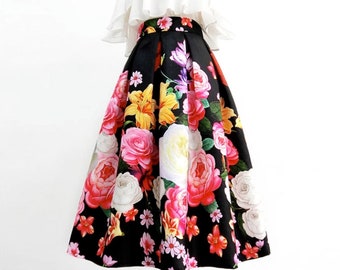 Retro flower skirt,Tulip Spring and autumn skirts,High waist zipper a-line skirt,Pocket skirt,Fairy skirt,Gift for her,Custom skirt