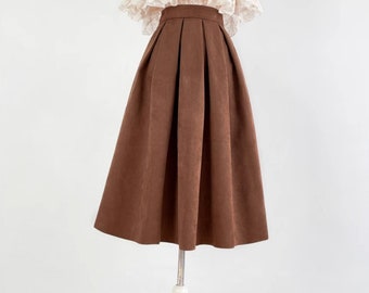 Retro coffee colored deer velvet skirt,Spring and Autumn Skirts,A- high-waisted skirt,Zipper waist skirt,Artistic skirt,Custom skirt