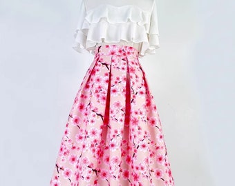Spring Peach embroidered skirt skirt,Pink mid-length skirt,Zipper a-line skirt,Pocket skirt,Mother's Day Gift,Custom-made skirts
