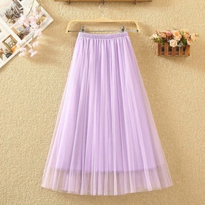 Romantic layered tulle midi skirt,Casual pleated splicing tulle skirt,Women skirt elastic waist pleated maxi skirt. Purple