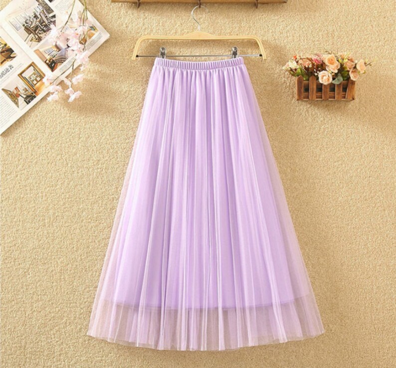 Romantic layered tulle midi skirt,Casual pleated splicing tulle skirt,Women skirt elastic waist pleated maxi skirt. Purple