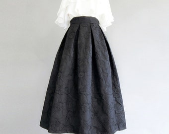 Vintage jacquard geborduurde A-lijn rok, zwarte rok met hoge taille, swingrok in de herfstwinter, zwarte paraplurok in Hepburn-stijl, op maat gemaakte rok.