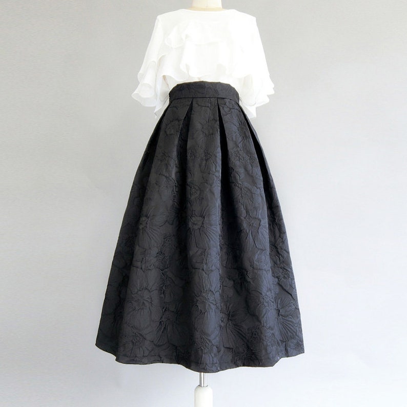 Vintage jacquard embroidered A-line skirt,Black high waist skirt,Autumn winter swing skirt,Hepburn style black umbrella skirt,Custom skirt. image 1