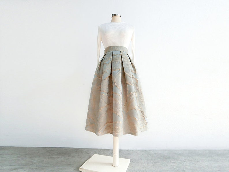 Vintage jacquard embroidered A-line skirt,Turquoise high waist skirt,Autumn and winter swing skirt,Hepburn umbrella skirt,Custom skirt. zdjęcie 5