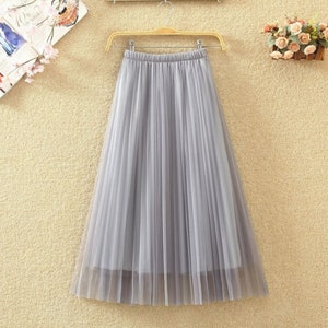 Romantic layered tulle midi skirt,Casual pleated splicing tulle skirt,Women skirt elastic waist pleated maxi skirt. Light  gray