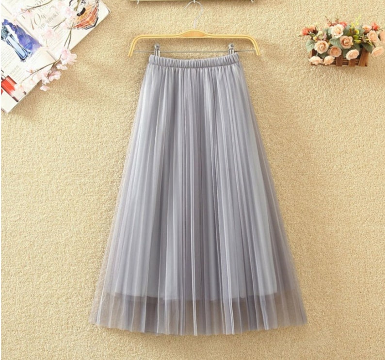 Romantic layered tulle midi skirt,Casual pleated splicing tulle skirt,Women skirt elastic waist pleated maxi skirt. Light  gray