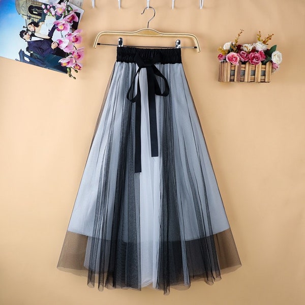 Double layer Tulle Midi Skirt, Ladies elastic High waist Pleated Splicing Tulle Midi Skirt,Pleated Full Mesh Midi Skirt,Bridesmaid Skirt