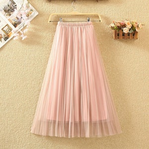 Romantic layered tulle midi skirt,Casual pleated splicing tulle skirt,Women skirt elastic waist pleated maxi skirt. Pink