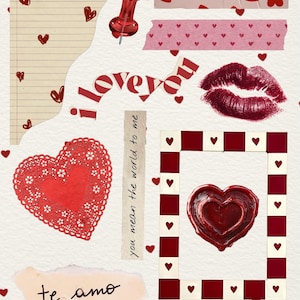 May include: A collage with Valentine's Day theme. It features red hearts, the words "I love you" and "te amo", a red heart-shaped doily, a red push pin, and a kiss mark. The words "you mean the world to me" are also present. The artist's name "By Nana" is at the bottom.