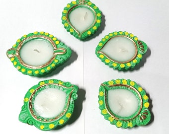 Handmade Clay Wax Diya for Diwali Decoration and Home Decor with hand color (set of five) D-16