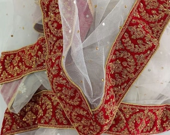Handmade Bridal white Net Dupatta with Red Stone or Border MM-946