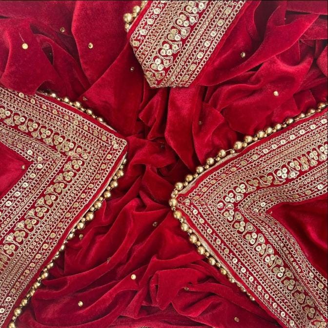 Handmade Maharani Red Stone Zari Embroidered Velvet Dupatta, Gift for her, Bridal Dupatta, Weeding Dress