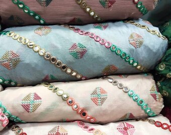 Handmade silk plus cotton fabric with mirror work and colorful thread work (1 meter) SS-88