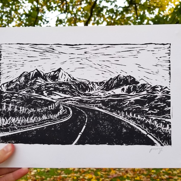 Snowdonia National Park Lino Print - Mountain Lino Print Art A4 - Yr Wyddfa, Wales, Travel Print, Wall Art, Original Art.