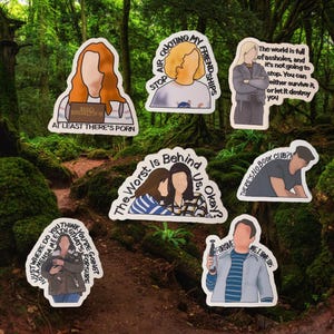 May include: A set of seven illustrated stickers with quotes and images of people. The stickers feature phrases such as "Air quoting my friendships" and "The worst is behind us, okay?" against a forest backdrop.