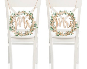 Bride and Groom Chair Signs - Mr and Mrs Chair Signs for Wedding - 6 pieces of greenery & 2 white ribbons included!