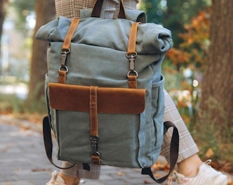 Waxed canvas backpack, Laptop backpack, Rolltop backpack waterproof, Leather backpack, Vintage backpack women, Travel backpack, Gift for her