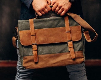 Personalized messenger bag, Waxed canvas Briefcase, Canvas shoulder bag men, Leather laptop bag 16", Canvas Leather satchel women, Handbag