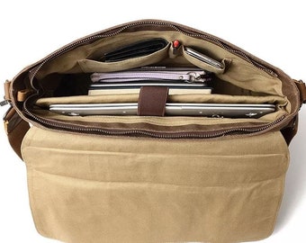 Borsa messenger in tela cerata, valigetta personalizzata, borsa per laptop da donna, borsa a tracolla in pelle, valigetta da lavoro, valigetta in tela per uomo