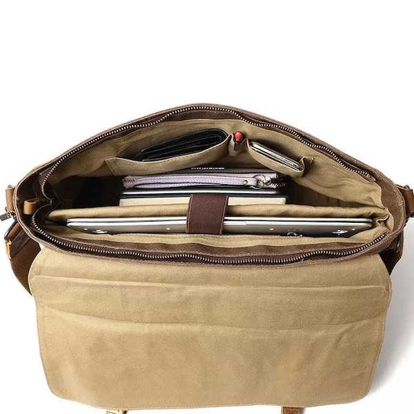 Gewachste Canvas Umhängetasche, Personalisierte Aktentasche, Damen Laptoptasche, Leder Umhängetasche, Arbeitsaktentasche, Canvas Aktentasche für Männer