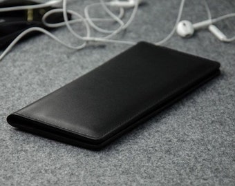 Black Minimalist long bifold leather wallet, Long leather wallet, Full grain leather wallet slim, Full grain leather card wallet long