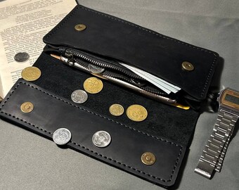 Black long leather wallet, Personalized wallet, Long wallet for women, Minimalist long wallet, Leather clutch wallet, Engraved wallet