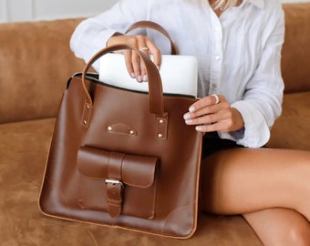 Bolso portátil de cuero para mujer, bolso de mano grande con bolsillo exterior, bolso de trabajo para computadora portátil de cuero, bolso de hombro para mujer, bolso de oficina para mujer