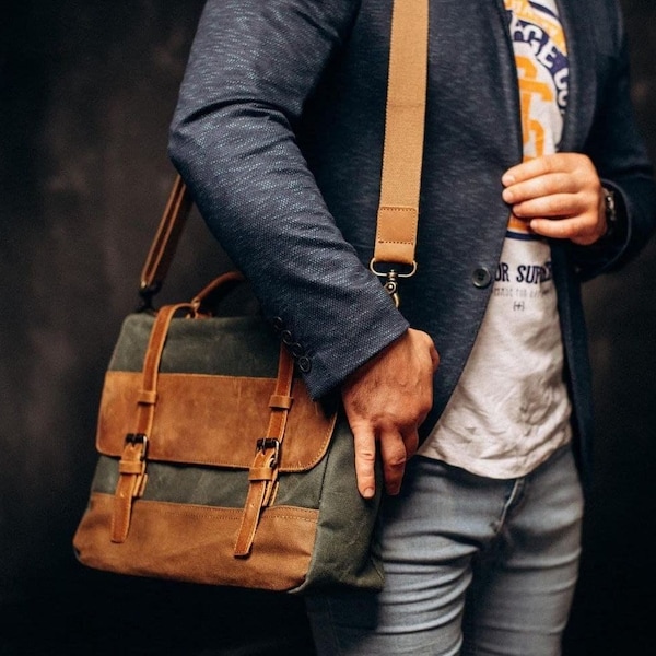 Porte-documents en toile cirée, sac messager en cuir, sac à bandoulière en toile pour hommes, sacoche personnalisée pour ordinateur portable 16 pouces, sacoche en cuir en toile pour femmes, sac à main