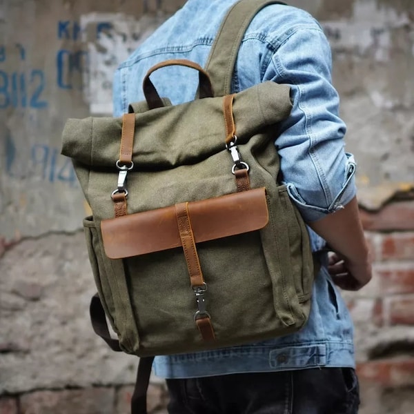 Canvas Leather Backpack, Laptop Backpack, Rolltop Rucksack for Men or Women, Rucksack Vintage Distressed Leather, Waxed Canvas Backpack