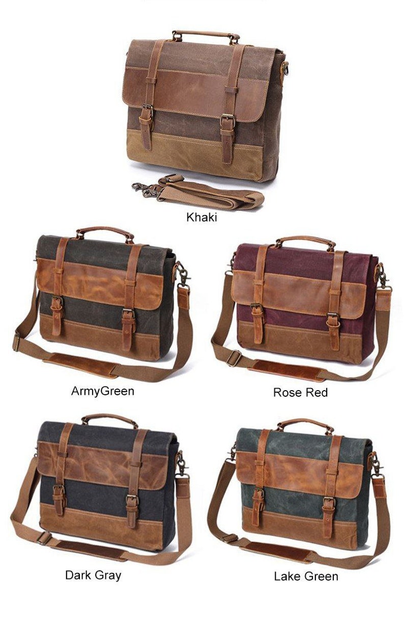 Gewachste Canvas Aktentasche, Leder Umhängetasche, Canvas Schultertasche Männer, personalisierte Laptoptasche 16 , Canvas Leder Umhängetasche Frauen, Handtasche Bild 5