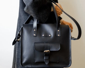 Schwarze Leder Crossbody-tasche, Bürotasche, Damen Laptop-Tasche, Leder-Einkaufstasche, Leder Geldbörse Handtasche, klassische Frauen-Tasche, Umhängetasche