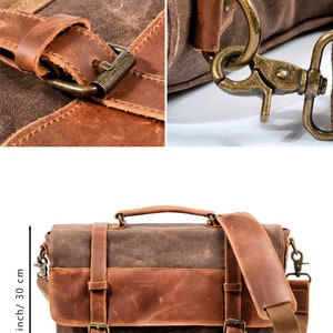 Bolso mensajero de lona encerada, Maletín personalizado, Bolso portátil para mujer, Bolso bandolera de cuero, Maletín de trabajo, Maletín de lona para hombre imagen 3