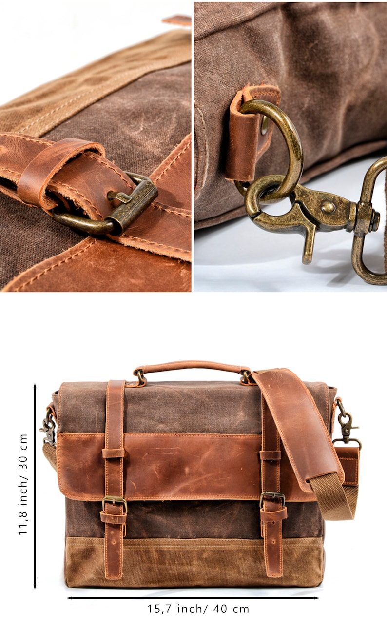 Bolso mensajero de lona encerada, Maletín personalizado, Bolso portátil para mujer, Bolso bandolera de cuero, Maletín de trabajo, Maletín de lona para hombre imagen 3