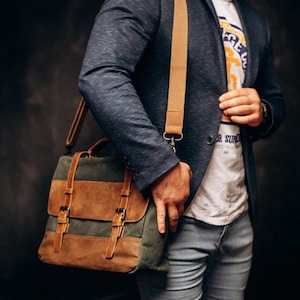 Bolso mensajero de lona encerada, Maletín personalizado, Bolso portátil para mujer, Bolso bandolera de cuero, Maletín de trabajo, Maletín de lona para hombre imagen 6