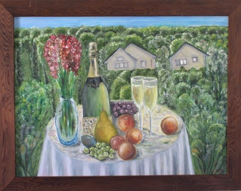 Fruit and Wine Wall Art Wall Decor Framed Original Oil Painting 18 x 24 in