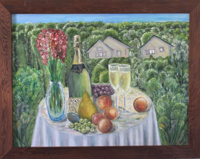 Fruit and Wine Wall Art Wall Decor Framed Original Oil Painting 18 x 24 in