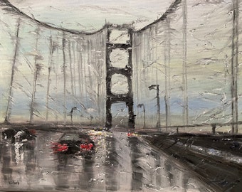 Bay Bridge in Rain Abstract Original Oil Painting Wall Art 20”x16”