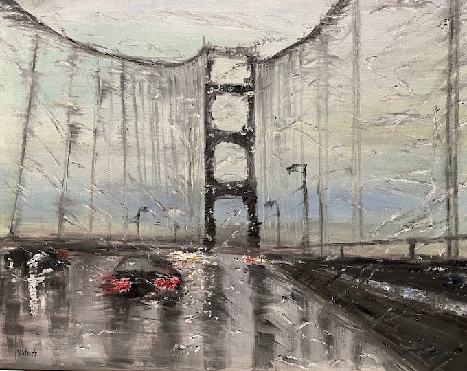 Bay Bridge in Rain Abstract Original Oil Painting Wall Art 20”x16”
