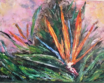 Flower Bird of Paradise Flower Wall Art Impasto Original Oil Painting 12x16 in